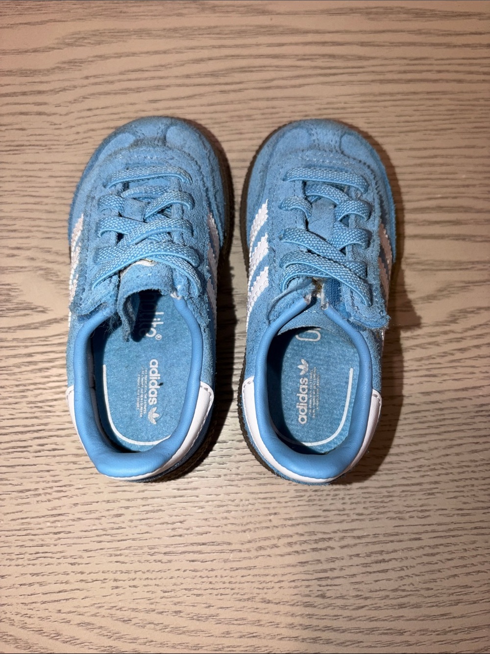 adidas Kids Light Blue Suede Sneakers with White Stripes